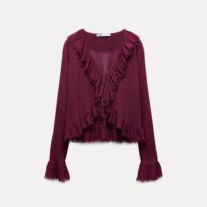 ZARA BURGUNDY KNIT CARDIGAN BLOUSE WITH RUFFLES